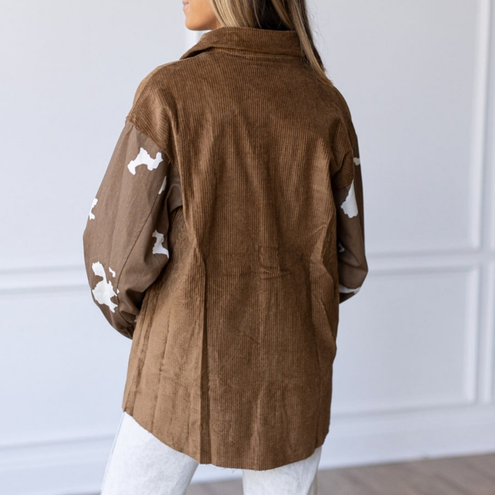 . Boutique Brown Cow Print Oversized Button Up Long Sleeve Corduroy Shacket - Picture 5 of 14